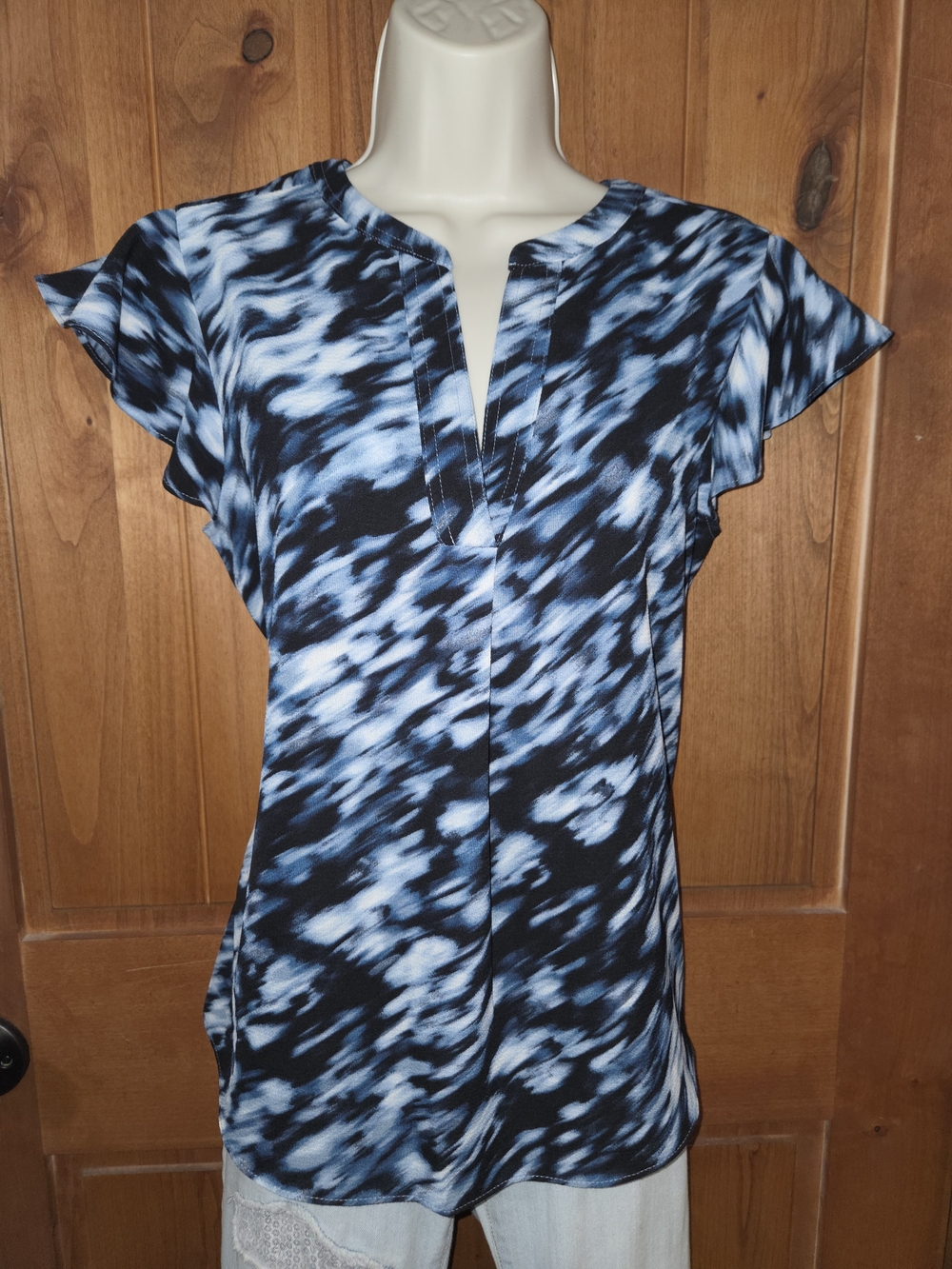 Calvin Klein Blue & Black Abstract Split-Neck Blouse